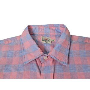 Faherty Linen Blend Short Sleeve Shirt Button Up Men's Large Plaid Pink Blue
